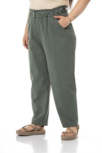 Plus Size High Waisted Gabardine Khaki Trousers with Ruffle Detail