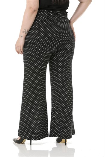 Plus Size Wide Elastic Waist Drawstring Wide Leg Polka Dot Black Trousers