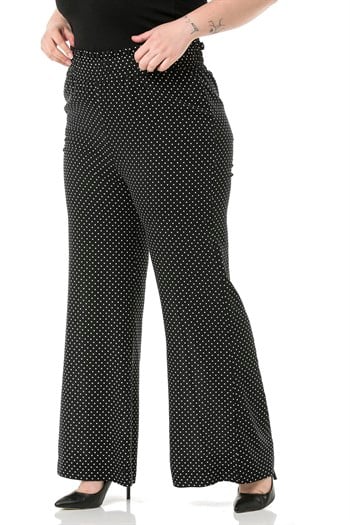 Plus Size Wide Elastic Waist Drawstring Wide Leg Polka Dot Black Trousers