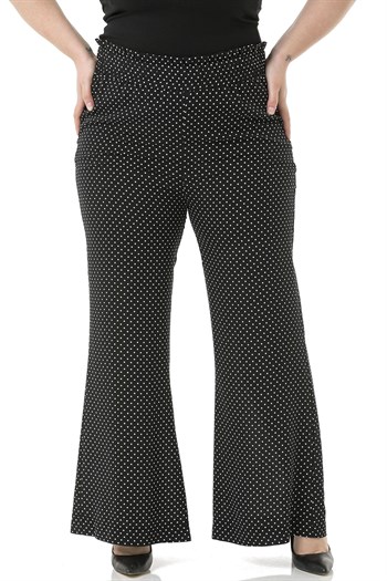 Plus Size Wide Elastic Waist Drawstring Wide Leg Polka Dot Black Trousers