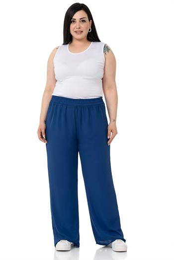 Plus Size Elastic Waist Lined Wide Leg Chiffon Navy Blue Trousers