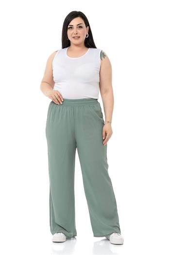 Plus Size Elastic Waist Lined Wide Leg Chiffon Water Green Trousers