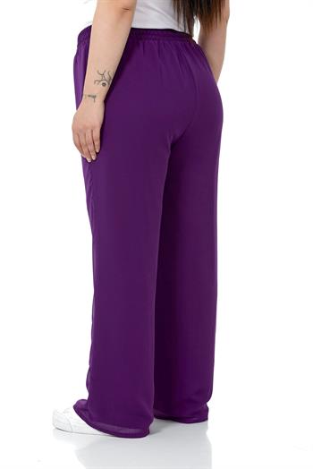 Plus Size Elastic Waist Lined Wide Leg Chiffon Purple Trousers