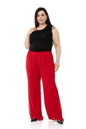 Plus Size Elastic Waist Lined Wide Leg Chiffon Red Trousers