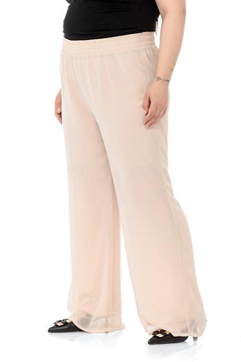 Plus Size Elastic Waist Lined Wide Leg Chiffon Beige Trousers