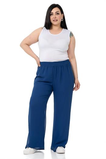 Plus Size Elastic Waist Lined Wide Leg Chiffon Navy Blue Trousers