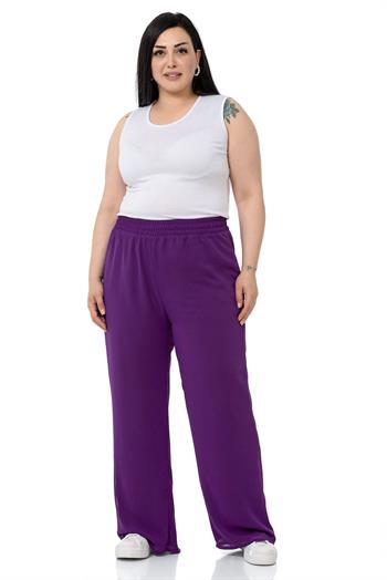 Plus Size Elastic Waist Lined Wide Leg Chiffon Purple Trousers