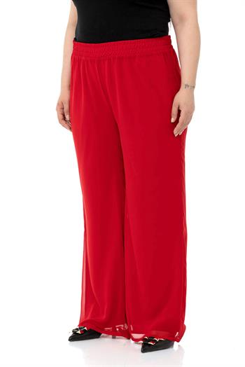 Plus Size Elastic Waist Lined Wide Leg Chiffon Red Trousers