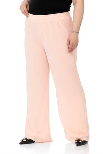 Plus Size Elastic Waist Lined Wide Leg Chiffon Light Pink Trousers