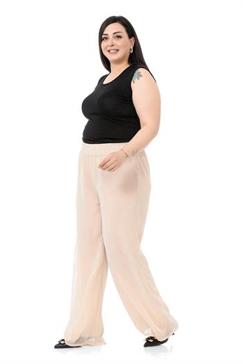 Plus Size Elastic Waist Lined Wide Leg Chiffon Beige Trousers