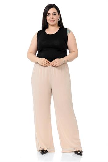 Plus Size Elastic Waist Lined Wide Leg Chiffon Beige Trousers