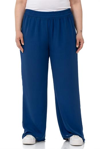 Plus Size Elastic Waist Lined Wide Leg Chiffon Navy Blue Trousers