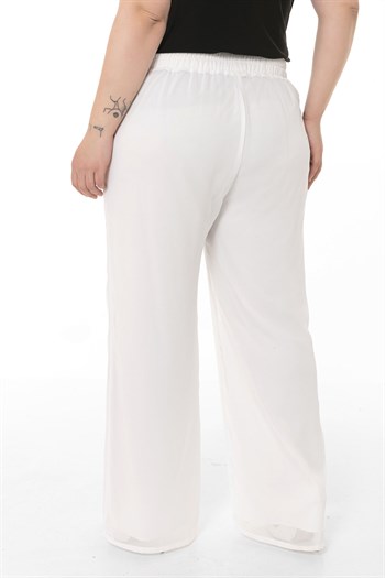 Plus Size Elastic Waist Lined Wide Leg Chiffon White Trousers