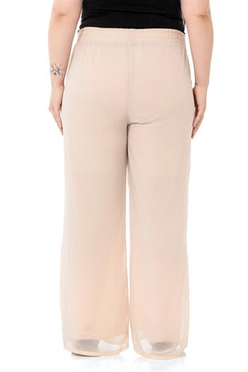 Plus Size Elastic Waist Lined Wide Leg Chiffon Beige Trousers