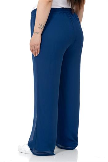 Plus Size Elastic Waist Lined Wide Leg Chiffon Navy Blue Trousers