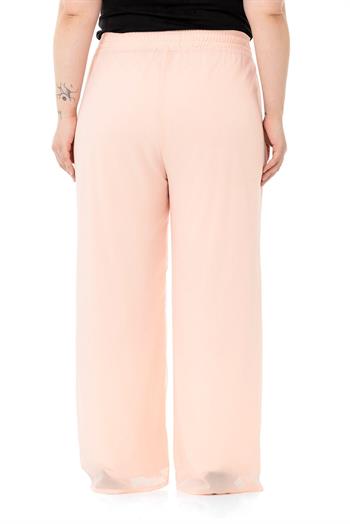 Plus Size Elastic Waist Lined Wide Leg Chiffon Light Pink Trousers