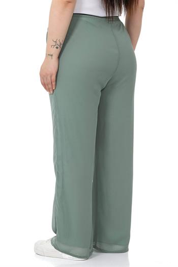 Plus Size Elastic Waist Lined Wide Leg Chiffon Water Green Trousers