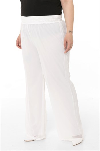 Plus Size Elastic Waist Lined Wide Leg Chiffon White Trousers