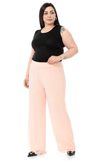 Plus Size Elastic Waist Lined Wide Leg Chiffon Light Pink Trousers