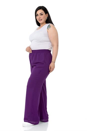 Plus Size Elastic Waist Lined Wide Leg Chiffon Purple Trousers