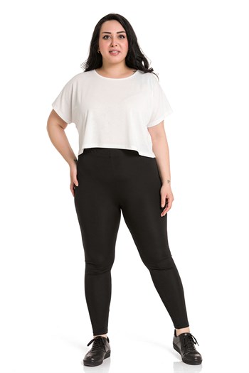 Büyük Beden Beli Lastikli Bilek Hizasında Siyah Bayan Tayt