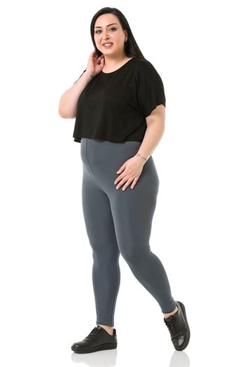 Büyük Beden Beli Lastikli Bilek Hizasında Gri Bayan Tayt