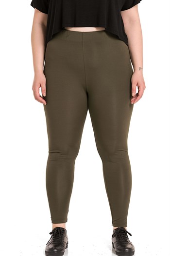 Büyük Beden Beli Lastikli Bilek Hizasında Haki Bayan Tayt