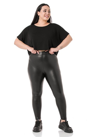 Büyük Beden Beli Lastikli Bilek Hizasında Siyah Deri Tayt