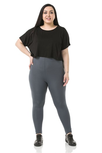 Büyük Beden Beli Lastikli Bilek Hizasında Gri Bayan Tayt