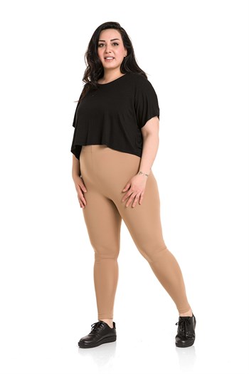 Büyük Beden Beli Lastikli Bilek Hizasında Vizon Bayan Tayt