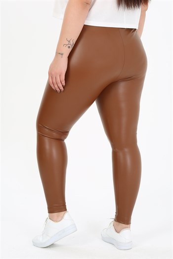 Büyük Beden Beli Lastikli Bilek Hizasında Kahverengi Deri Tayt