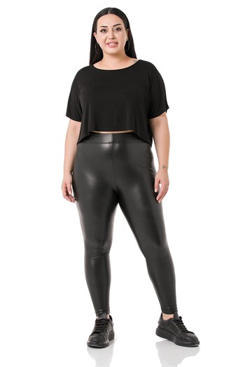 Büyük Beden Beli Lastikli Bilek Hizasında Siyah Deri Tayt