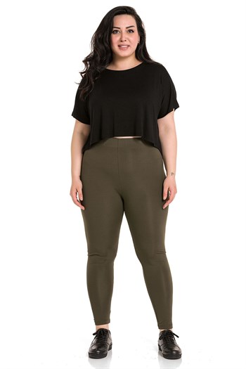 Büyük Beden Beli Lastikli Bilek Hizasında Haki Bayan Tayt