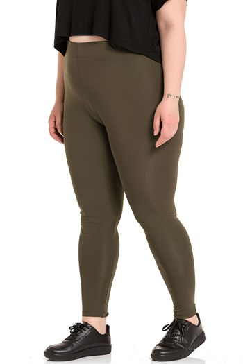 Büyük Beden Beli Lastikli Bilek Hizasında Haki Bayan Tayt