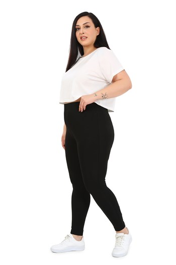 Büyük Beden Beli Lastikli Bilek Hizasında Panelli Siyah Bayan Tayt