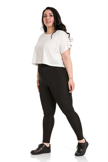 Büyük Beden Beli Lastikli Bilek Hizasında Siyah Bayan Tayt