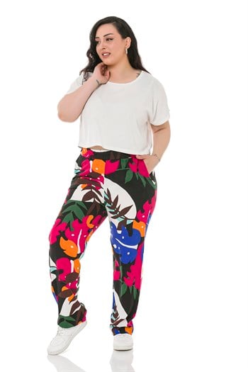 Plus Size Elastic Waist Pocket Patterned Woven Viscose Colourful Trousers