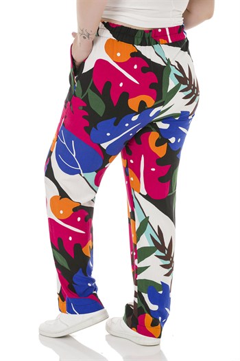 Plus Size Elastic Waist Pocket Patterned Woven Viscose Colourful Trousers