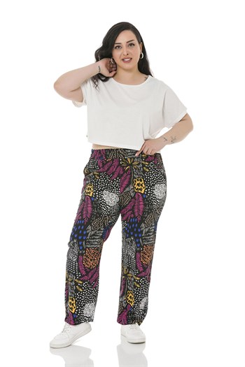 Plus Size Elastic Waist Pocket Patterned Woven Viscose Black Trousers