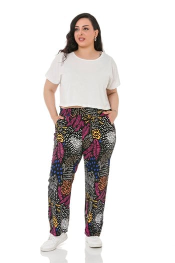 Plus Size Elastic Waist Pocket Patterned Woven Viscose Black Trousers