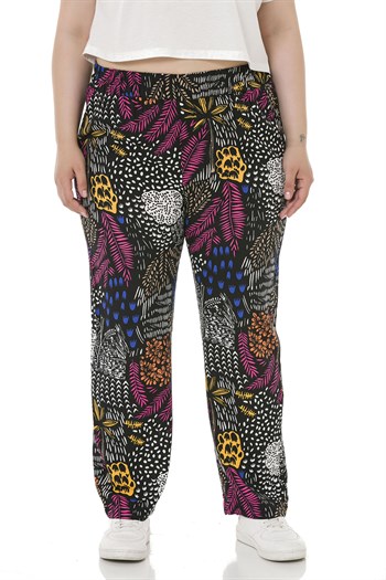 Plus Size Elastic Waist Pocket Patterned Woven Viscose Black Trousers