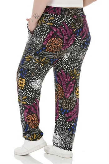 Plus Size Elastic Waist Pocket Patterned Woven Viscose Black Trousers