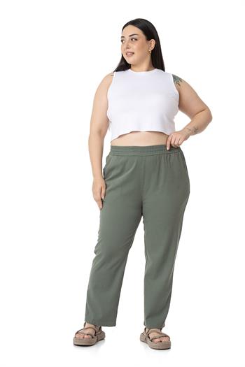 Plus Size Gabardine Khaki Trousers with Elastic Waist Pockets