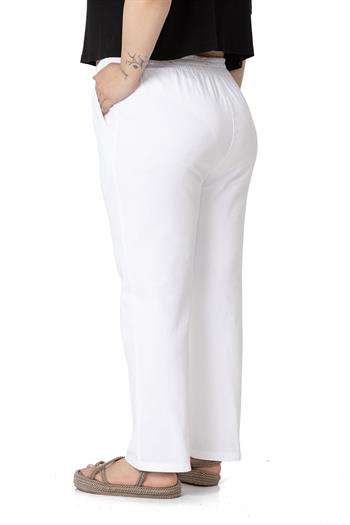 Plus Size Gabardine White Trousers with Elastic Waist Pockets