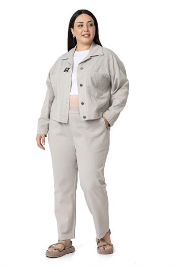 Plus Size Gabardine Stone Trousers with Elastic Waist Pockets