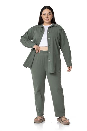 Plus Size Gabardine Khaki Trousers with Elastic Waist Pockets