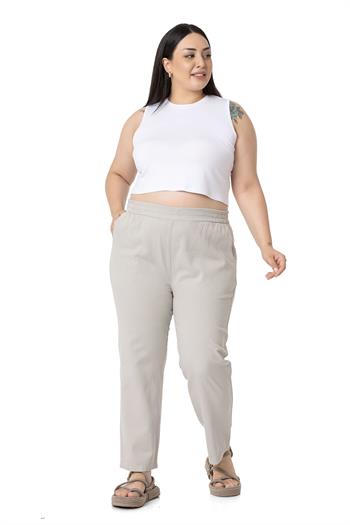 Plus Size Gabardine Stone Trousers with Elastic Waist Pockets