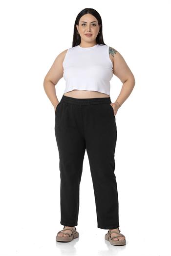 Plus Size Gabardine Black Trousers with Elastic Waist Pockets