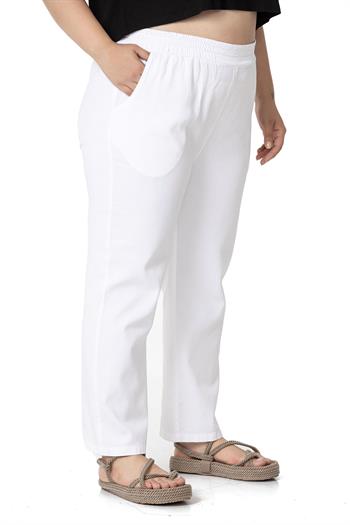 Plus Size Gabardine White Trousers with Elastic Waist Pockets