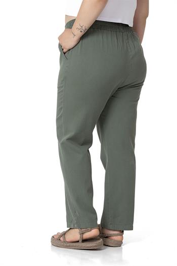 Plus Size Gabardine Khaki Trousers with Elastic Waist Pockets